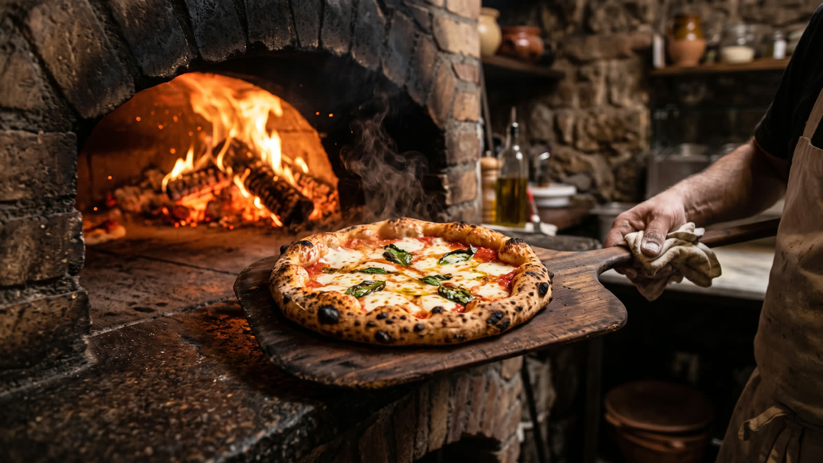 A wood-fired pizza being lifted on a peel in front of the open oven flames